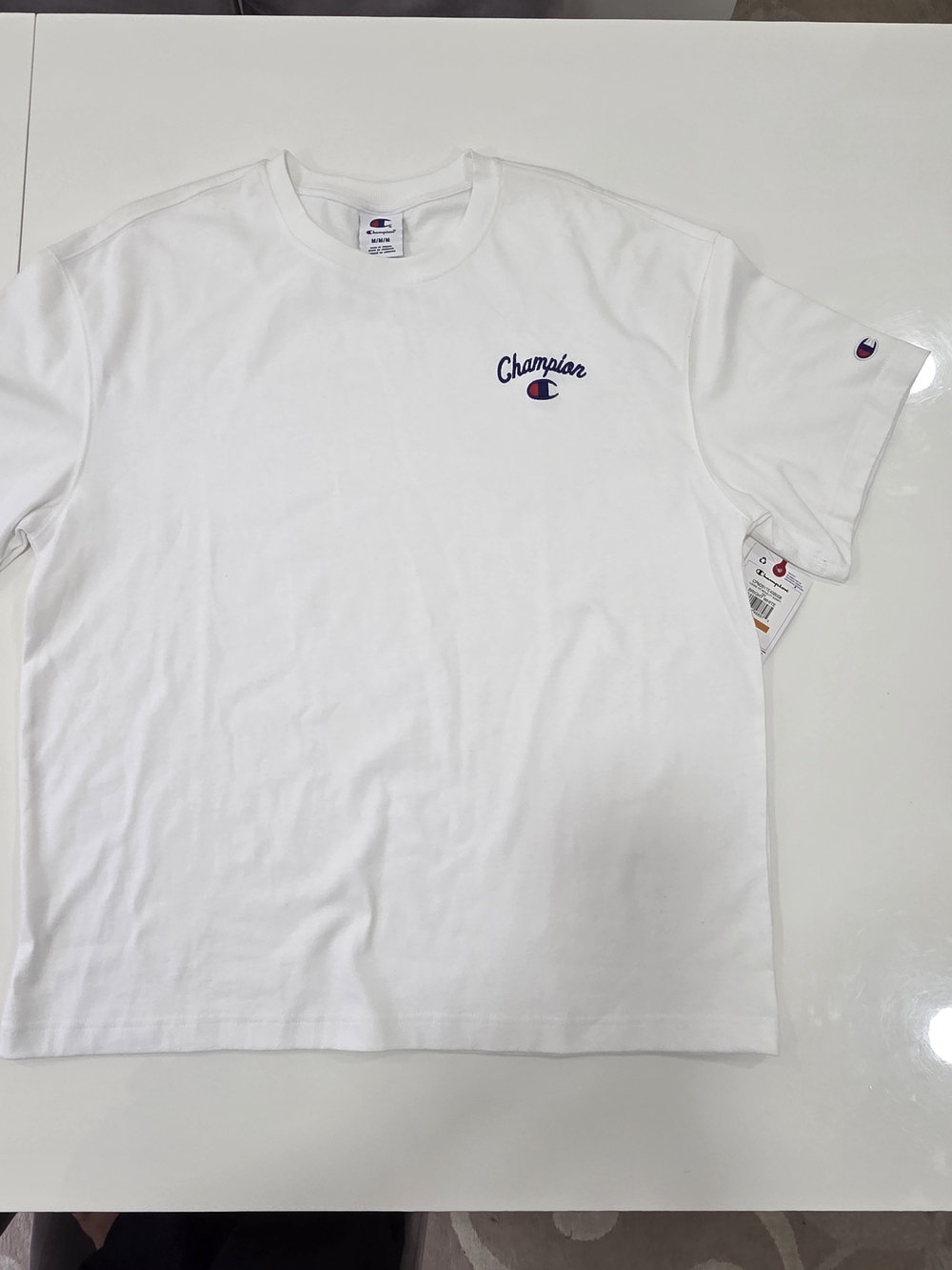 Champion White Short Sleeve Crewneck T-Shirt with Navy Logo